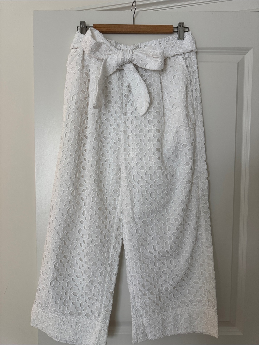 J. Crew White Eyelet Wide-Leg Pants with Tie Waist